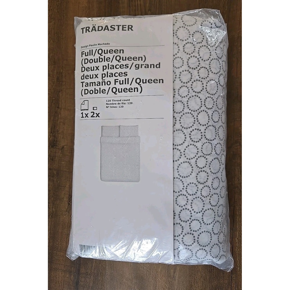 Ikea Tradaster Full/Queen Duvet Cover + Pillowcases White W/Gray Circles NIP